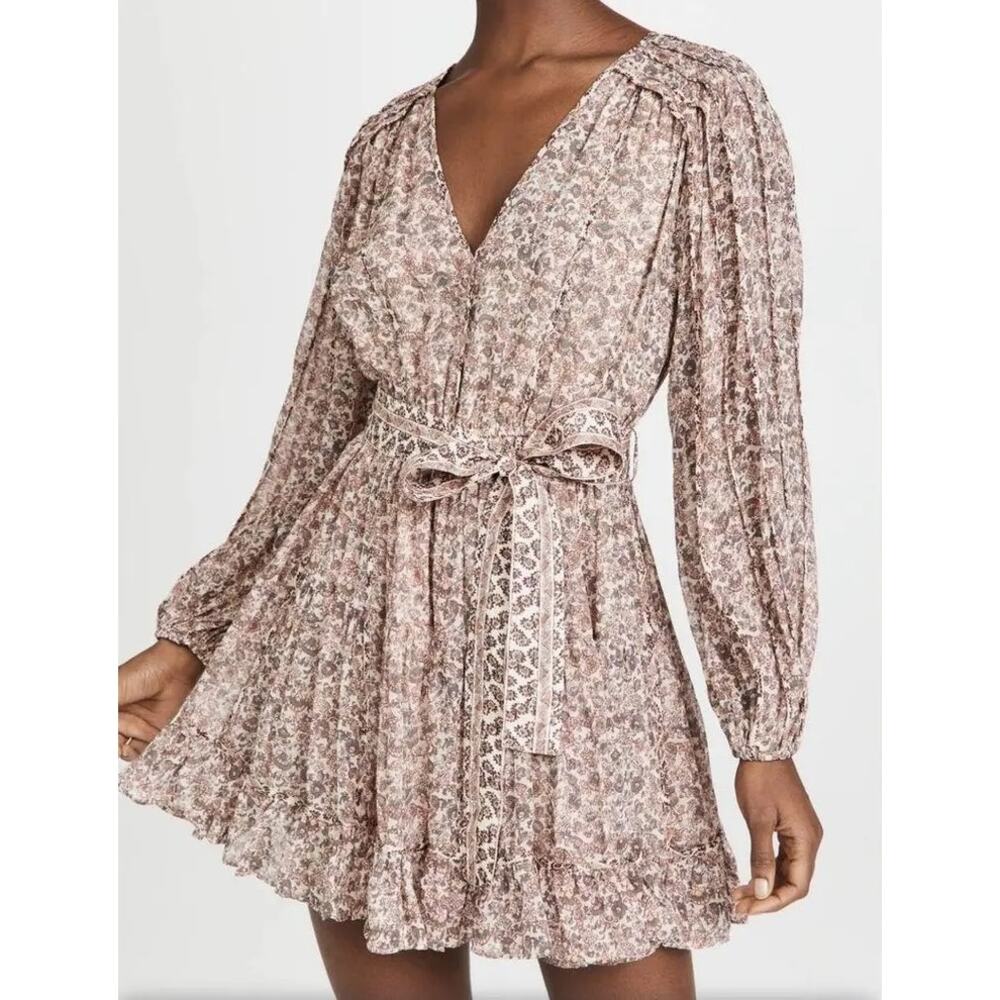 O.P.T Long Sleeve Floral Belted Mini Dress Pink XS